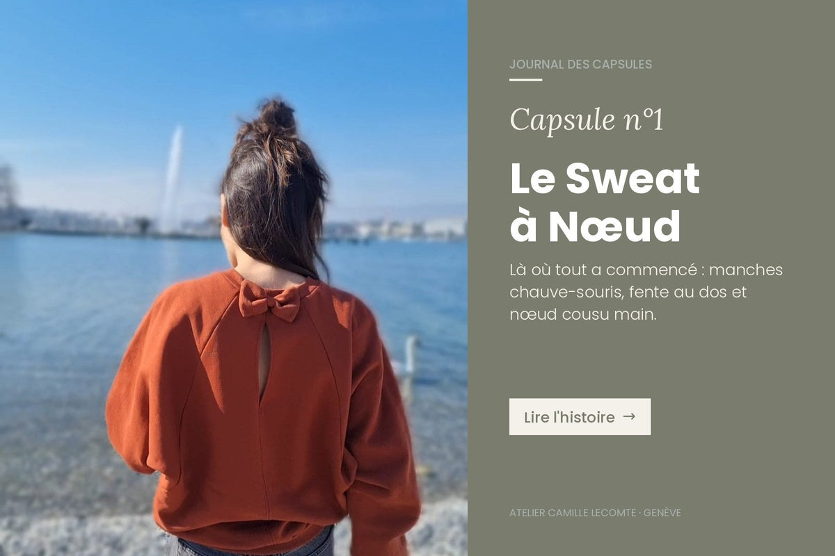 Capsule n°1 : le sweat raglan à nœud en coton bio, porté face au Jet d'eau à Genève