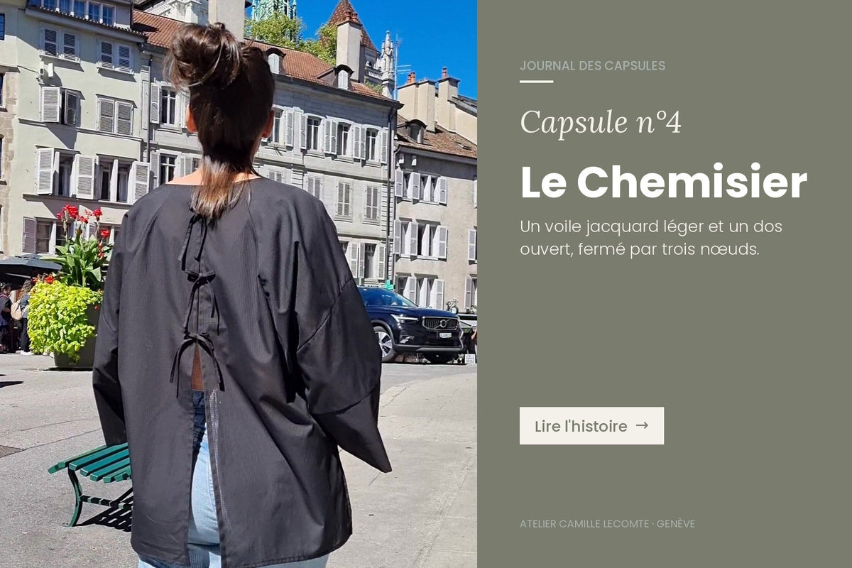 Capsule n°4 : le chemisier en voile jacquard noir, dos ouvert à nœuds, place du Bourg-de-Four