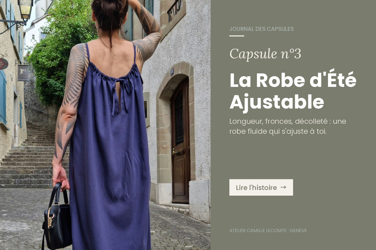 Capsule n°3 : la robe d'été ajustable Bleu Orage, dans une ruelle de Genève